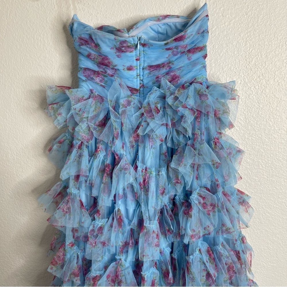 Faereisty Dress Strapless Tulle Blue & Pink Floral Ruffle Layered Evening Gown - Picture 5 of 6